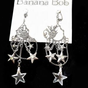 Banana Bob sun and stars 4” chandelier silver pierced earrings with crystals